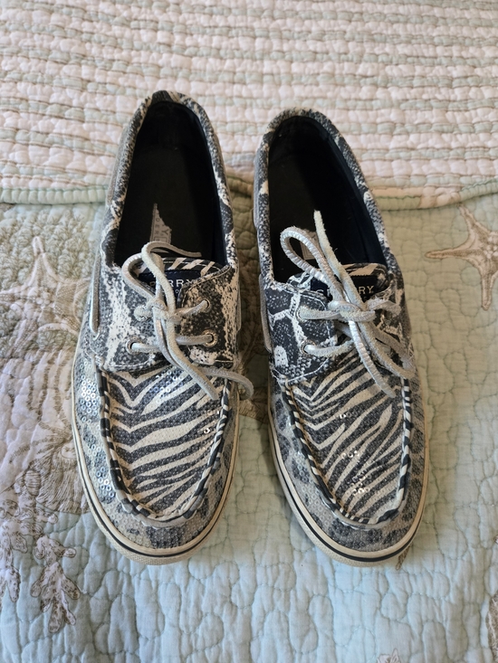 Sperry Shoes - 3 For $15 Sperry Girls Zebra Sequin Boat Shoes - Silver/Black